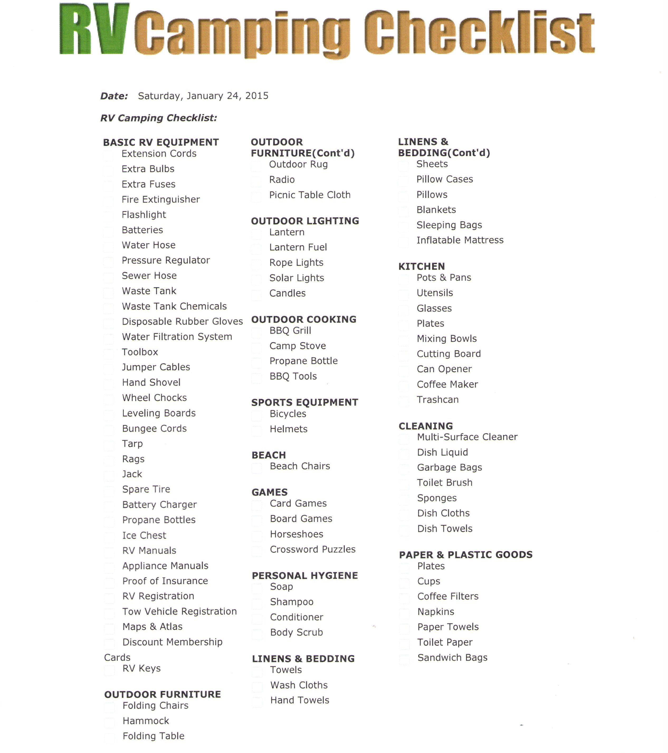 Printable Rv Camping Supplies Checklist SexiezPix Web