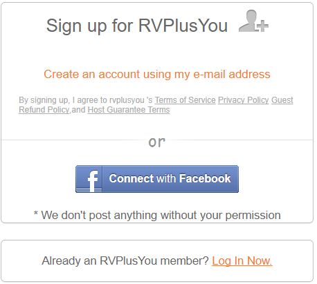 Sign up form for RV Plus You