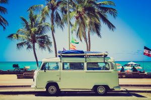 retro RV parked at the beach