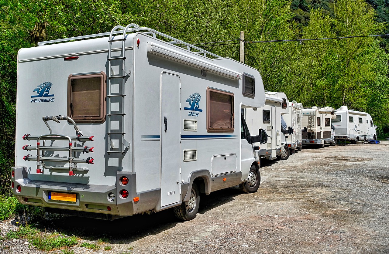 a row of RVs parked next to trees