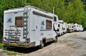 a row of RVs parked next to trees