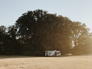 RV set up at a dispersed camping location in the desert