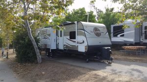 RV parked at a campsite under a tree