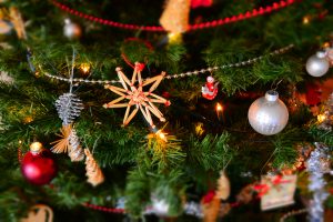 close up of a Christmas tree with lights and ornaments